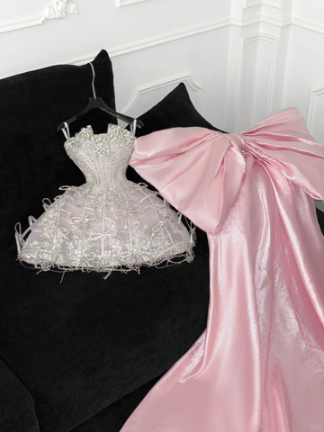 Pink Bow A Line Strapless Silver Sequin Beaded Tulle Homecoming Dress Party Dress HZ1023